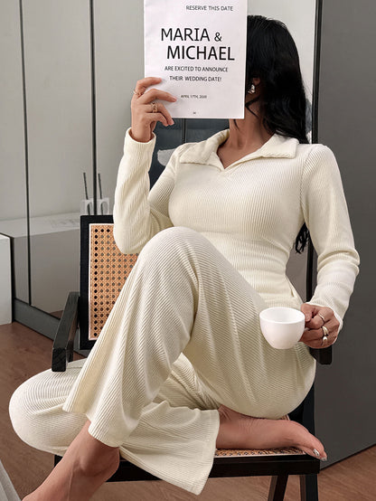 New Knitted Polo Collar Long-sleeved Casual Trousers Pajamas Homewear Suit