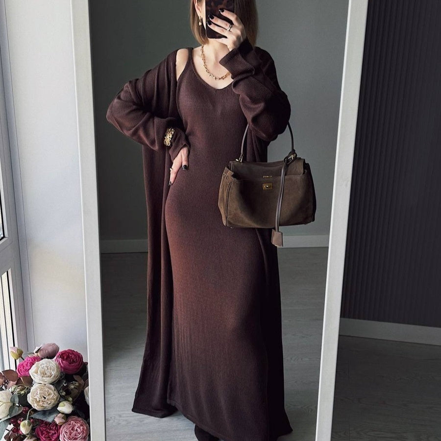Loose Women's Casual Suits Long Sleeve Cardigan And Camisole Dress
