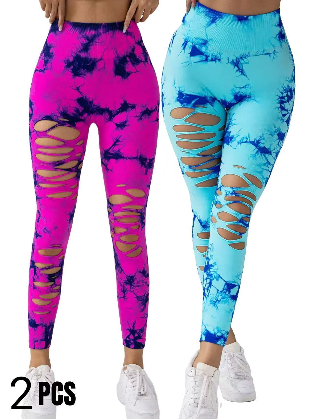 2 Pack New Style Hollow-Out Tie-Dye High-Waisted Tummy-Control Yoga Pants