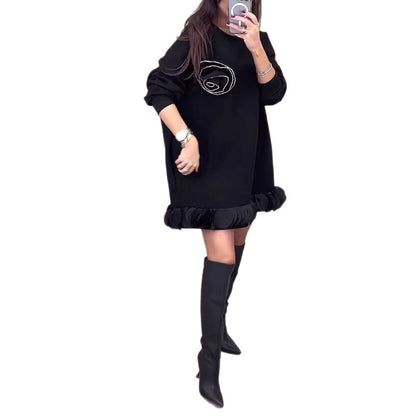 Floral Beaded Peplum Spliced Loose Sweater Dress