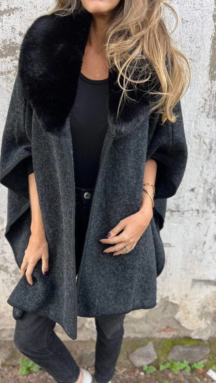 Women's Loose Long Sleeve Large Lapel Fur Collar Cape Coat