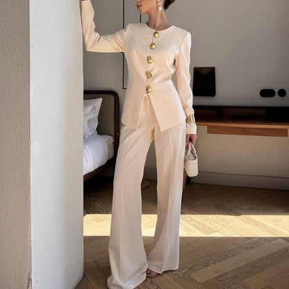 Women's White Top Straight Loose Trousers Suit