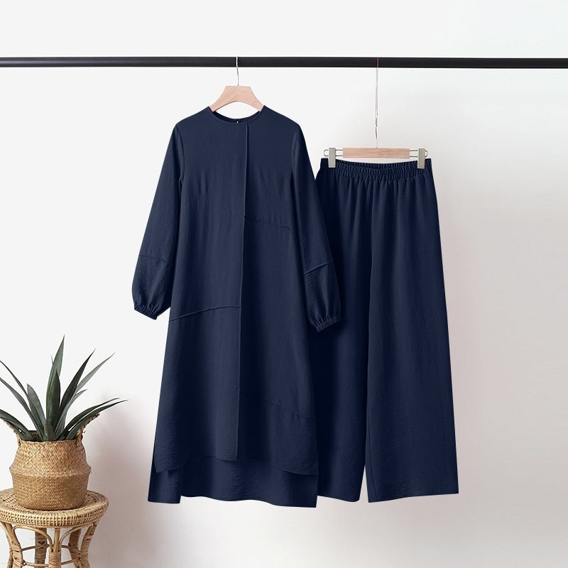 Plus Size Women's Solid Color Shirt Round Neck Elastic Cuff Top With Asymmetrical Hem & Wide-Leg Pants Set