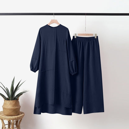 Plus Size Women's Solid Color Shirt Round Neck Elastic Cuff Top With Asymmetrical Hem & Wide-Leg Pants Set