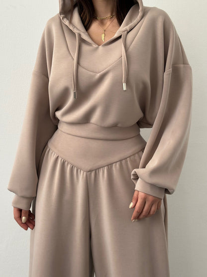 Womens Casual Set V-neck Hoodie Top And Pants