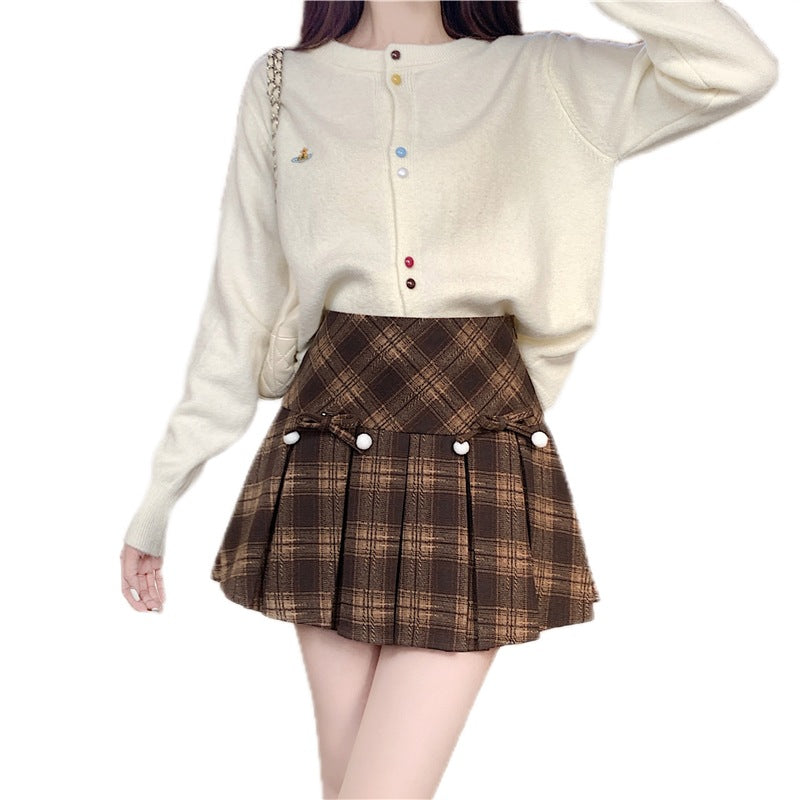 Plaid Pleated Women's Autumn And Winter High Waist Umbrella Culottes Short Skirt