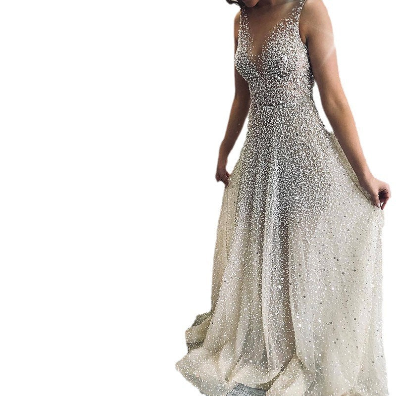 European And American Gold V-neck Dress Sling