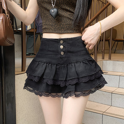 Pure Hot Girl Style Double-layer Lace Ruffled Denim Skirt Women