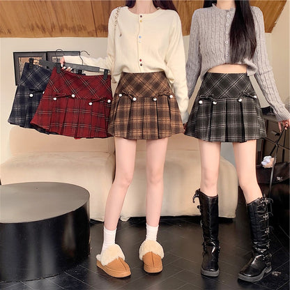 Plaid Pleated Women's Autumn And Winter High Waist Umbrella Culottes Short Skirt