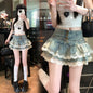 Pure Hot Girl Style Double-layer Lace Ruffled Denim Skirt Women