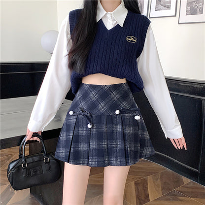 Plaid Pleated Women's Autumn And Winter High Waist Umbrella Culottes Short Skirt