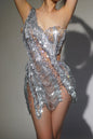 Shiny Rhinestone Sequins Diagonal Collar Shoulder Sleeve Dress