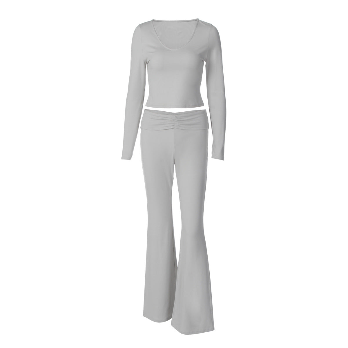 Fashion Midriff-baring Long Sleeve Top Waist-tight Solid Color Wide-leg Pants Suit