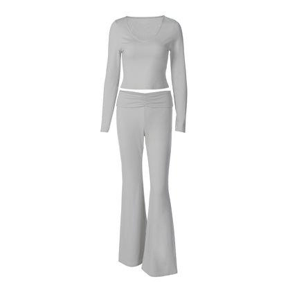 Fashion Midriff-baring Long Sleeve Top Waist-tight Solid Color Wide-leg Pants Suit
