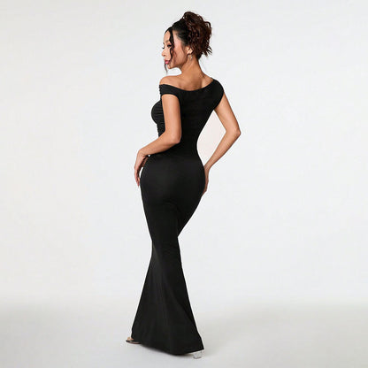 Women's Sexy Socialite-style Dress Summer Off-shoulder Slant-neck Black Evening Gown Maxi Dress