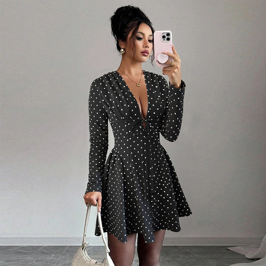 Fashionable Sweet Polka-Dot V-Neck Long-Sleeve Elastic-Waist Dress