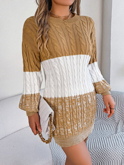 Casual Color Block Cable Knit Lantern Sleeve Sweater Dress