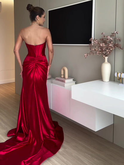 Red Tube Top Slit Evening Dress - Extra Long Maxi Gown
