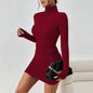 European And American Mature Style Wine Red Dress Autumn And Winter Simple High-neck Versatile Short Skirt