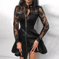 Women's PU Leather Mini Dress - Long Sleeve V-Neck Zipper Party Dress