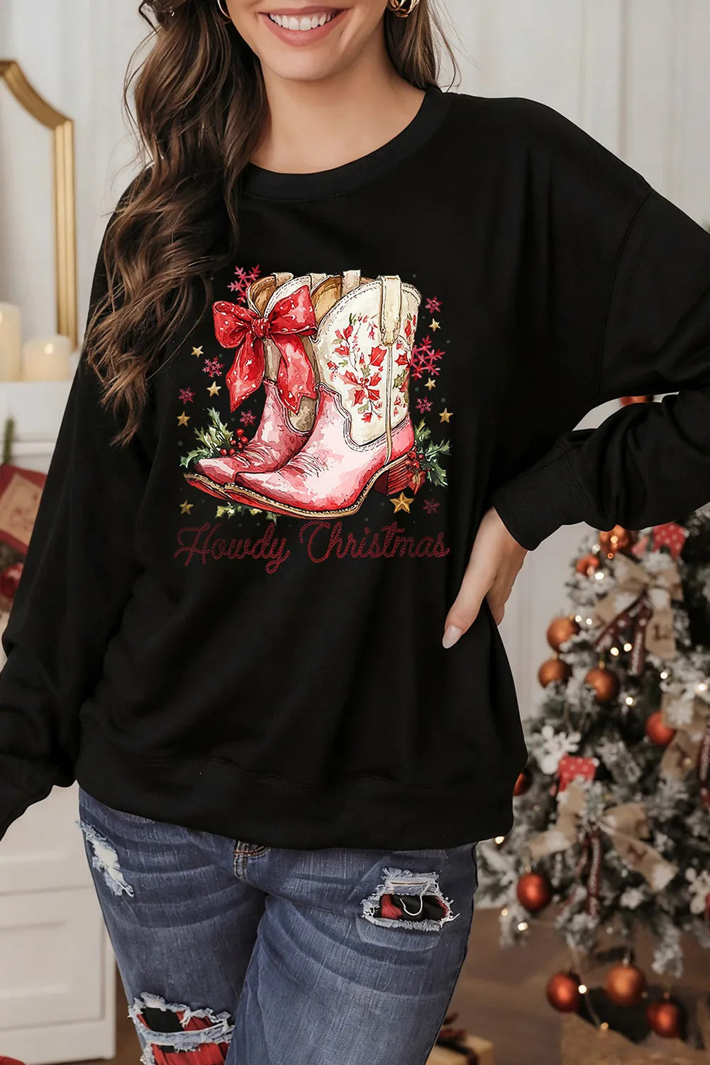 Black Howdy Christmas Cowgirls Boots Printed Baggy Sweatshirt