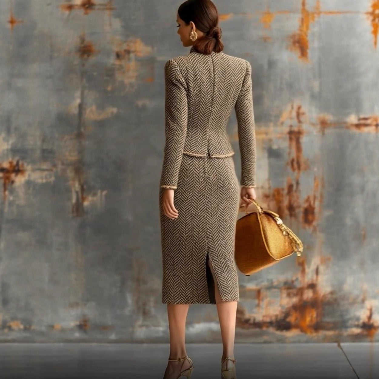 Elegant Herringbone Tweed Trim Skirt Suit For Women