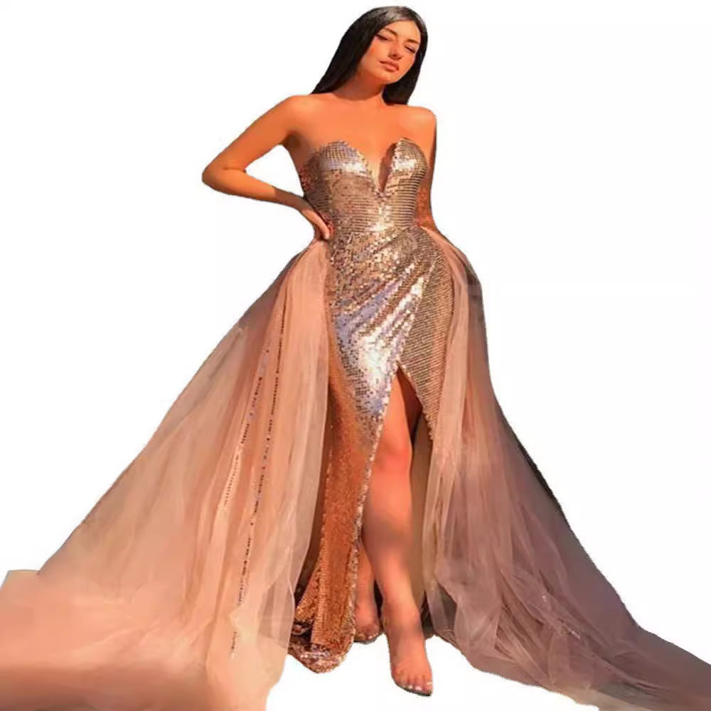 Women's Sexy Bronzing Chest-wrapped Split Dress