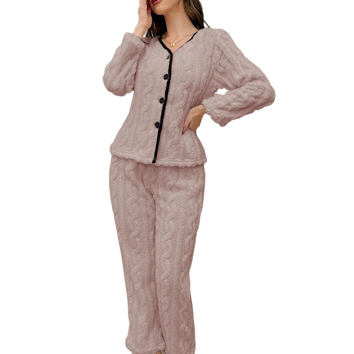 Simple Casual Solid Color Flannel Home Wear Pajamas Suit