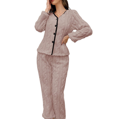 Simple Casual Solid Color Flannel Home Wear Pajamas Suit