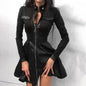 Women's PU Leather Mini Dress - Long Sleeve V-Neck Zipper Party Dress