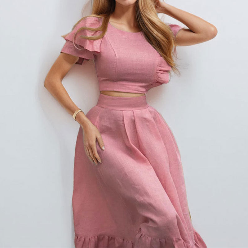Lotus Leaf Sleeve Short Top Big Swing Long Skirt Two-piece Set Skirt