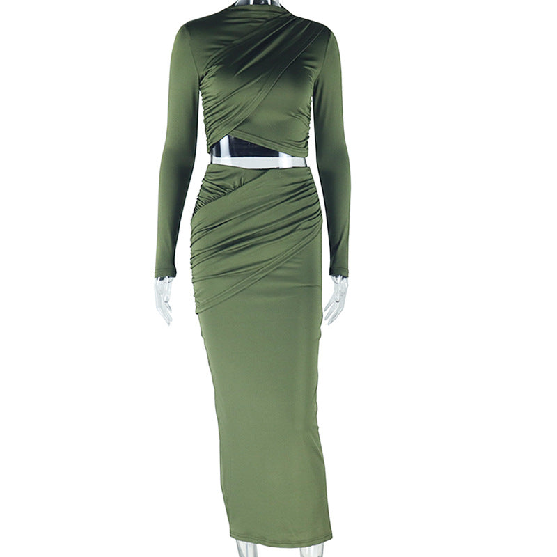 Round-neck Irregular Long-sleeved Crop Top Casual Skirt Two-piece Set