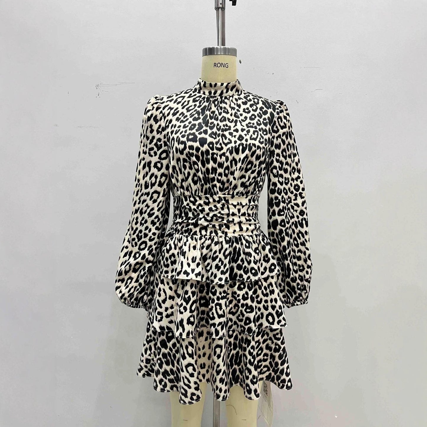 New Chiffre Leopard Print Bubble Long Sleeve With Flare Dress