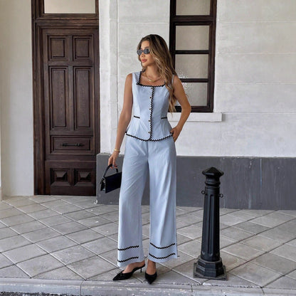 Solid-color Sleeveless Square-neck Top And Pants Two-piece Set