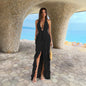 Womens Solid-Color Deep V-Neck Halter Off-Shoulder Dress