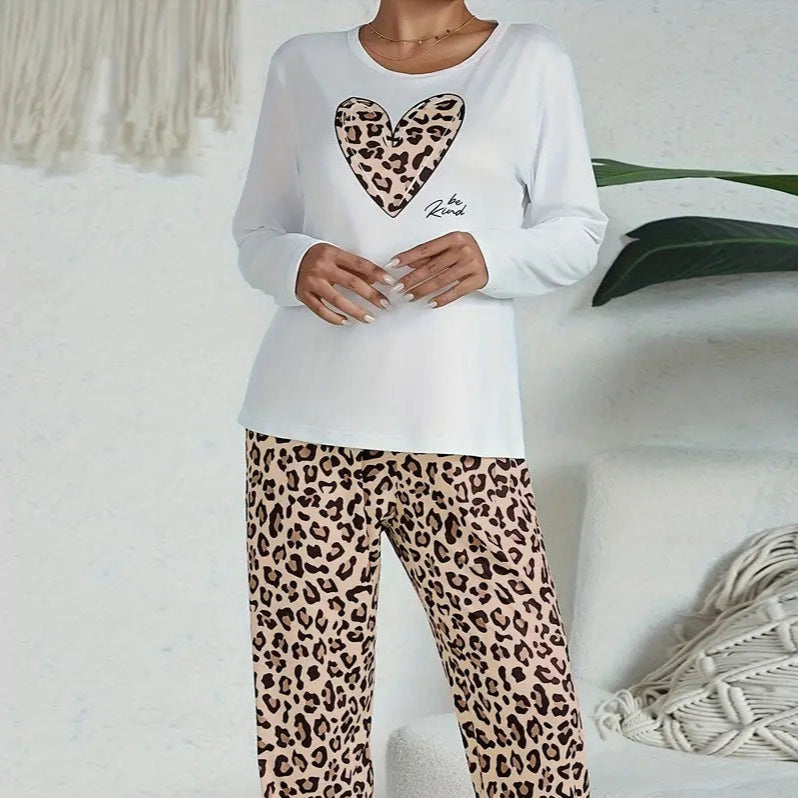 Casual Heart Leopard Print Pajamas Set Loose Long Sleeve Ladies