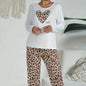 Casual Heart Leopard Print Pajamas Set Loose Long Sleeve Ladies
