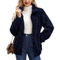 Women's Zipped Stand Collar Loose Jacquard Square Plaid Plush Coat