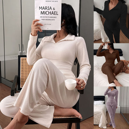 New Knitted Polo Collar Long-sleeved Casual Trousers Pajamas Homewear Suit