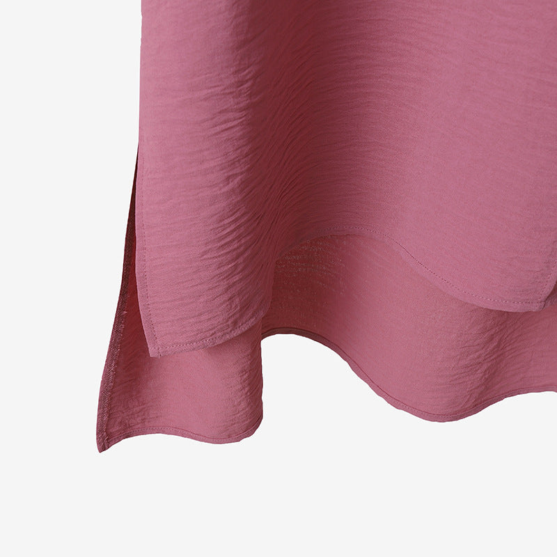 Plus Size Women's Solid Color Shirt Round Neck Elastic Cuff Top With Asymmetrical Hem & Wide-Leg Pants Set