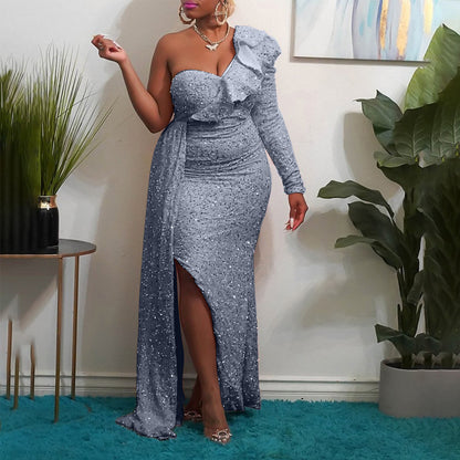 Fashion New One Shoulder Sequin Bridesmaid Party Long Dress