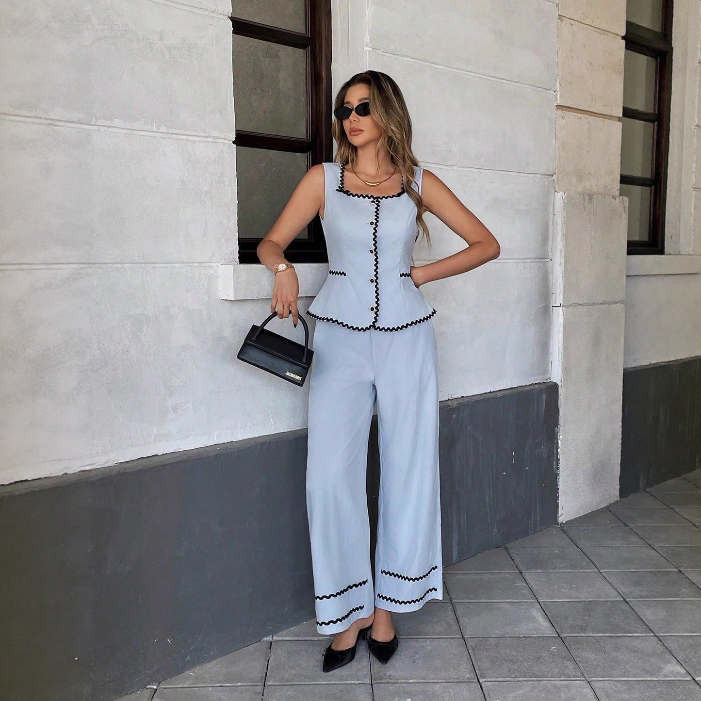 Solid-color Sleeveless Square-neck Top And Pants Two-piece Set