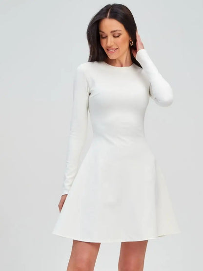 Solid Color Casual Office Round Neck Waist Long Sleeve Knitted Dress