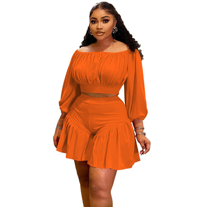 Pleated One-shoulder Puff Waist-casual Two-piece Set