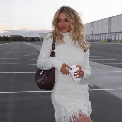 Women's Solid Color High Neck Handmade Fringe Fashion Dress