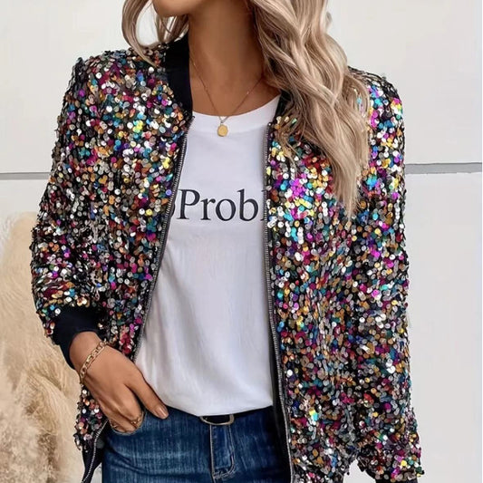 Womens Elegant Fashionable Long Sleeve Jacket With Colorful Sequins