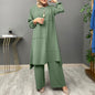 Plus Size Women's Solid Color Shirt Round Neck Elastic Cuff Top With Asymmetrical Hem & Wide-Leg Pants Set