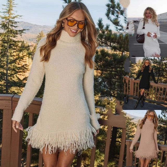 Women's Solid Color High Neck Handmade Fringe Fashion Dress