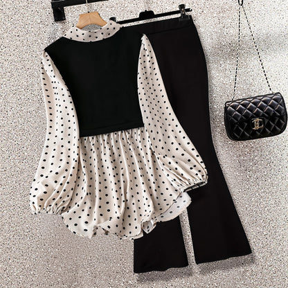 Polka Dot Patchwork Fake Two-piece Long-sleeved Shirt Leggings