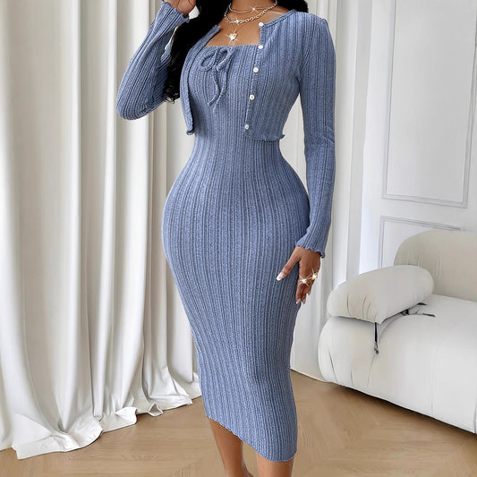 Women's Solid-Color French-Style Slim-Fit Knitted Dress Set